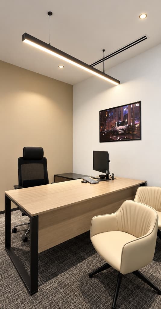Executive private office linear suspension and downlights