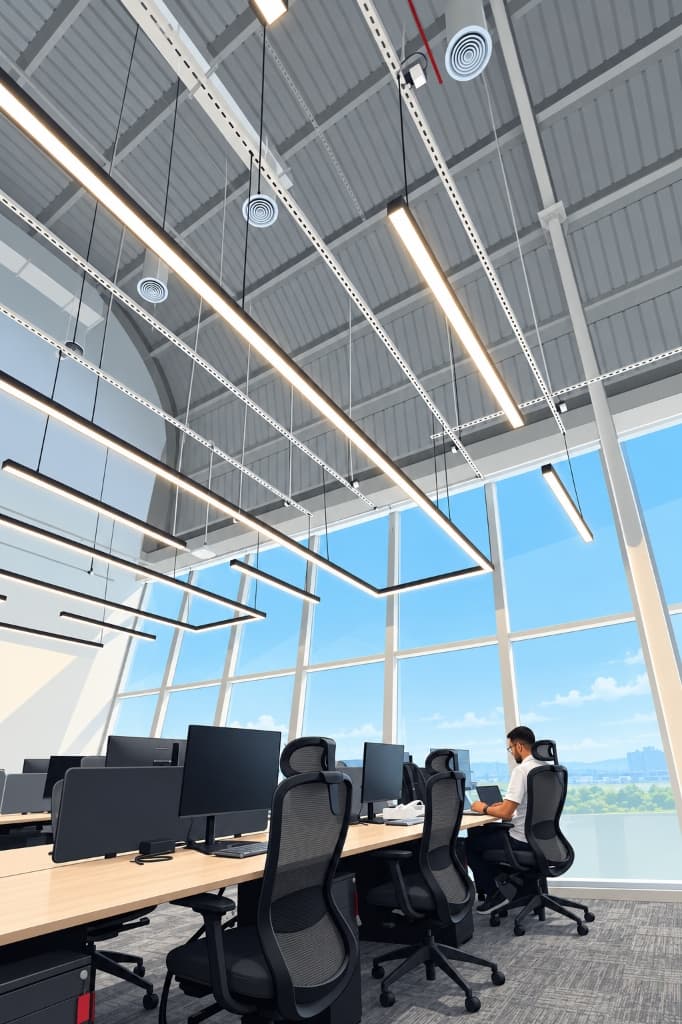 Corporate open workspace architectural linear lighting